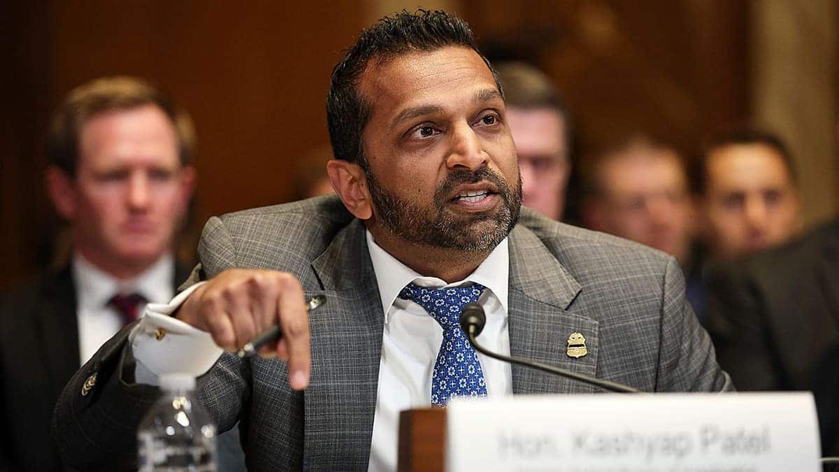 Kash Patel speaking at a witness table during a Senate committee hearing.