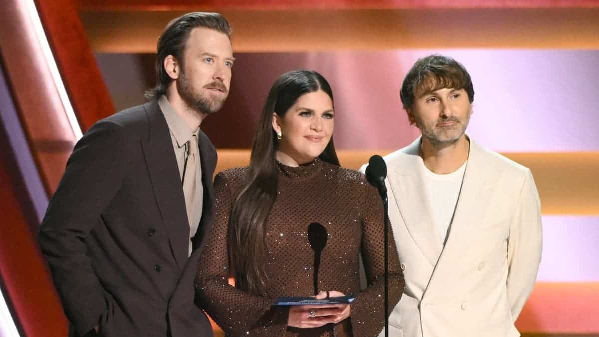 Charles Kelley, Hillary Scott and Dave Haywood pose at the CMA Awards in Nashville.