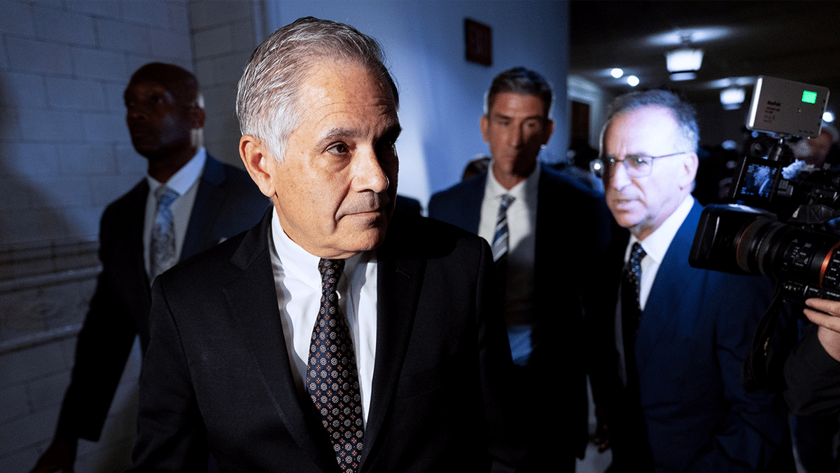 Larry Krasner, Philadelphia's district attorney, center, departs after a hearing at City Hall in Philadelphia, Pennsylvania, US.