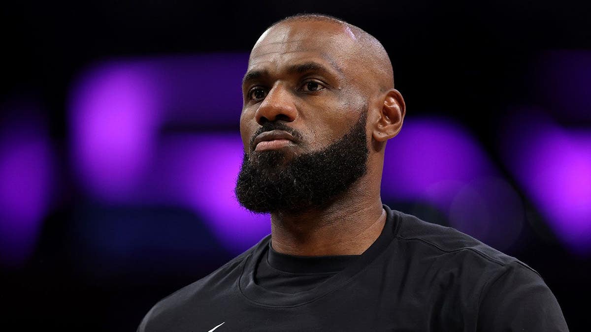 LeBron James warms up before a Lakers game at Crypto.com Arena.