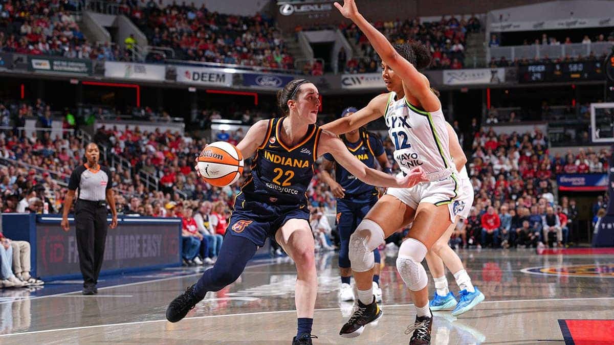 Myisha Hines-Allen handles the ball during a WNBA game in Indianapolis.