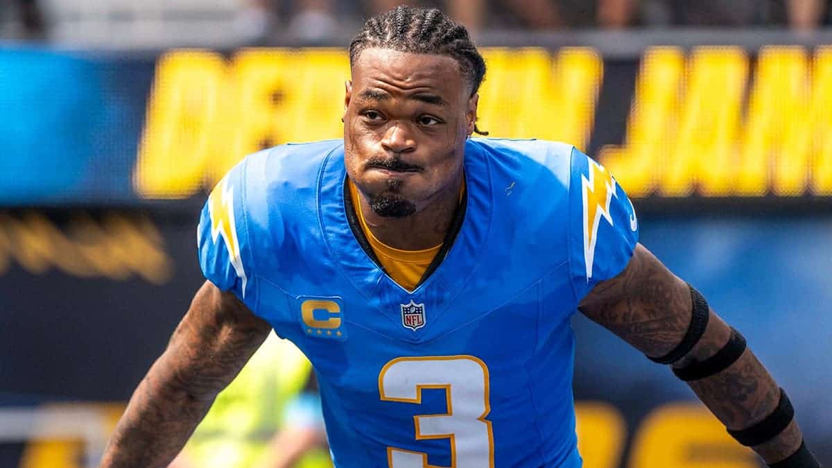 Derwin James Jr., Los Angeles Chargers safety, takes the field at SoFi Stadium.