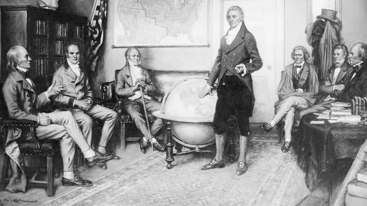 President Monroe stands with cabinet