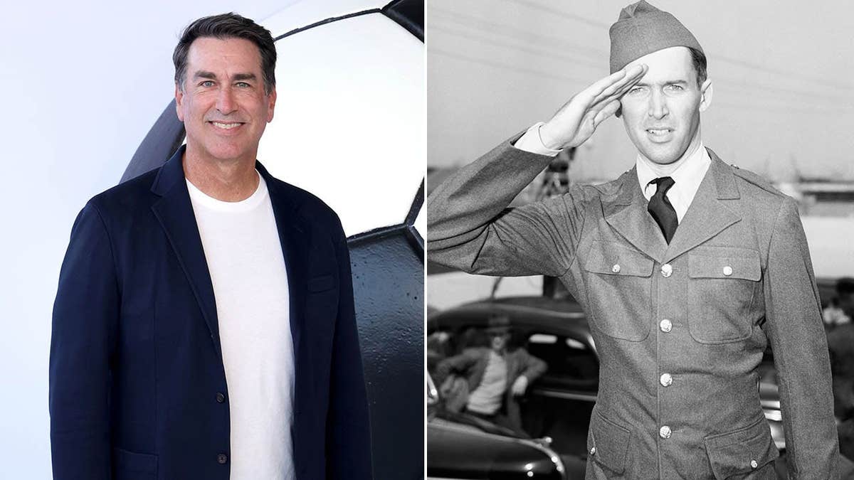 A split of Rob Riggle on red carpet and Jimmy Stewart in uniform