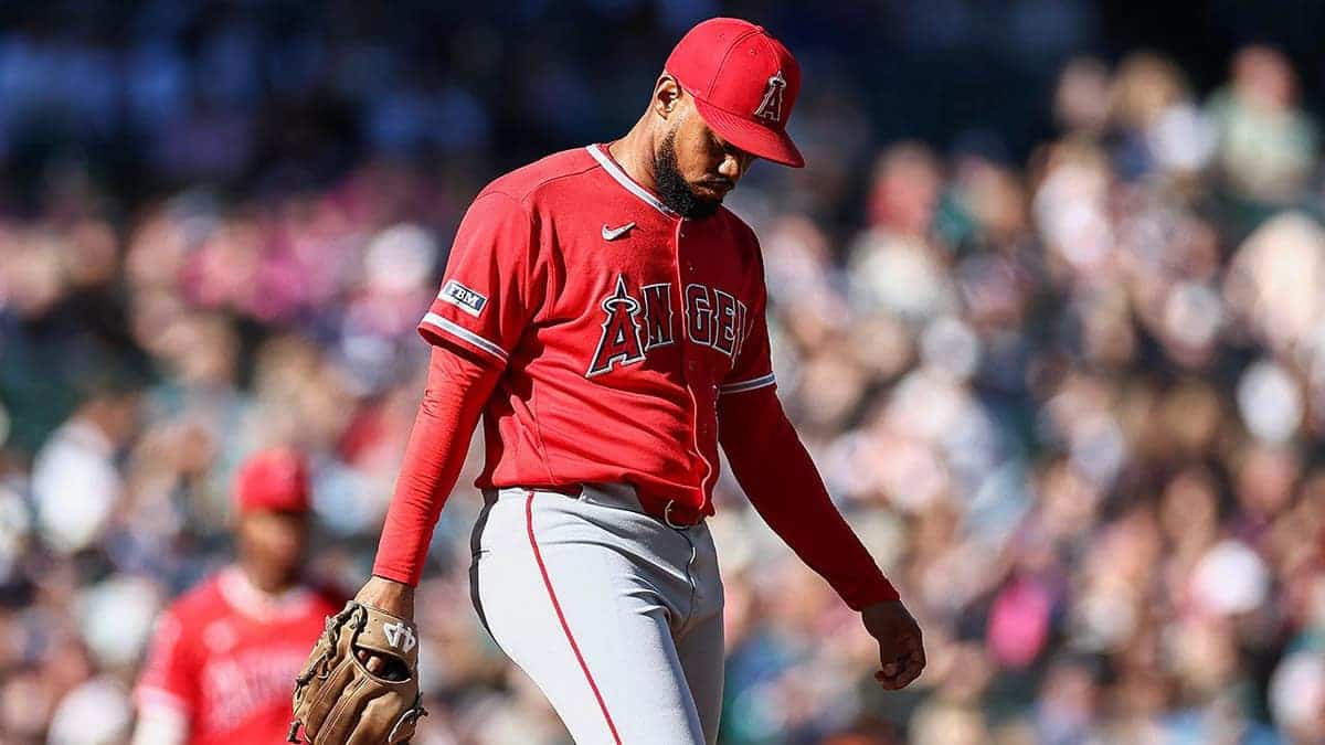 Sammy Peralta of the Los Angeles Angels looks on during a game at T-Mobile Park.