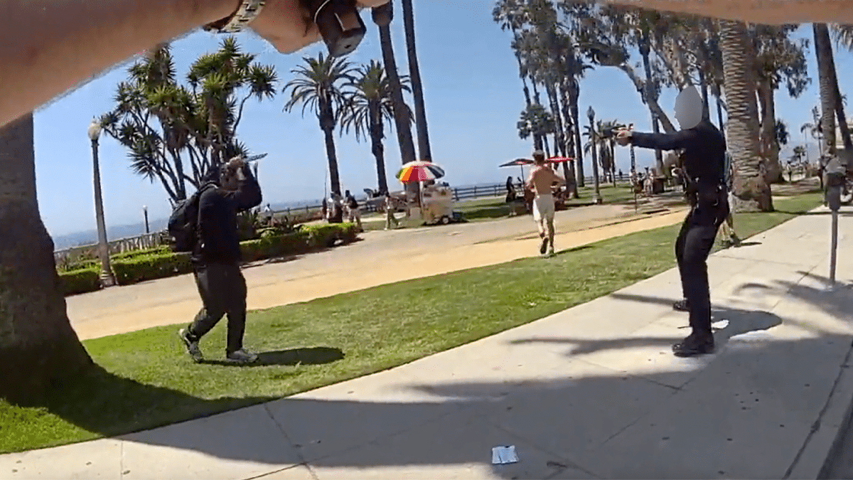 Santa Monica police bodycam shows Michael Rodriguez approaching an officer with a knife raised in Palisades Park