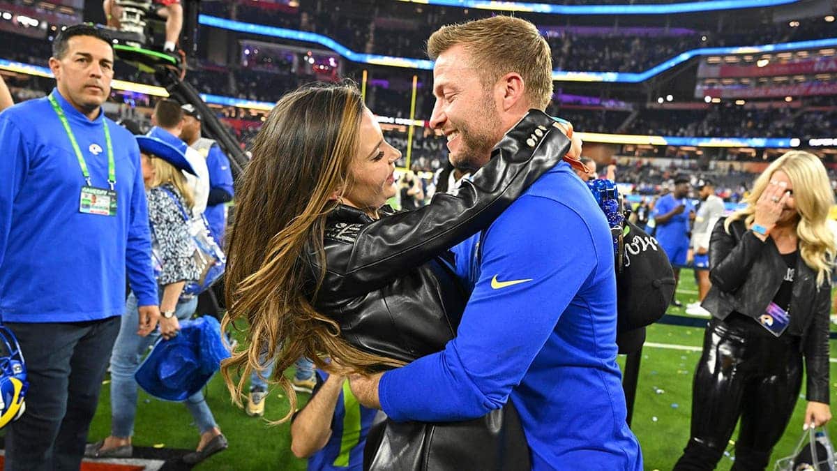 Sean McVay hugs Veronika Khomyn after winning Super Bowl LVI at SoFi Stadium.