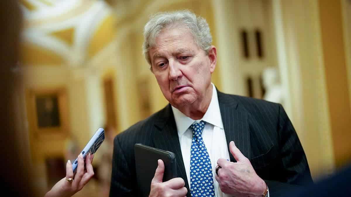 Sen. John Kennedy speaks to members of the media at the U.S. Capitol.