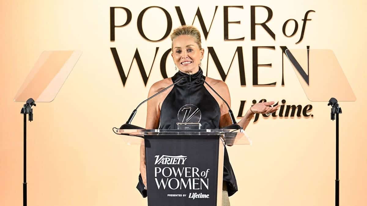 Sharon Stone speaks onstage at Variety Power of Women LA 2026 event in Beverly Hills.