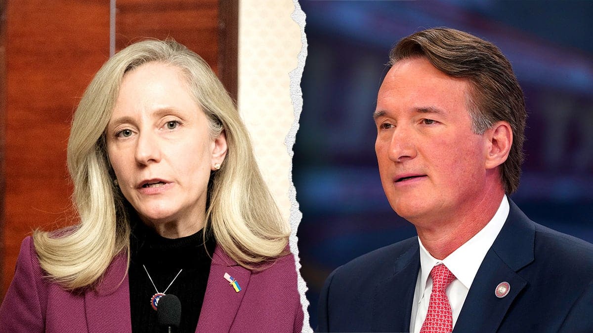 Split-screen image showing Abigail Spanberger on the left and Virginia Gov. Glenn Youngkin on the right.