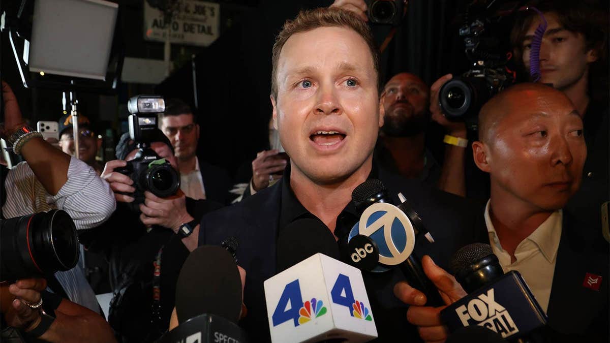 Los Angeles Mayoral candidate Spencer Pratt speaking with media outside Don Antonio's restaurant