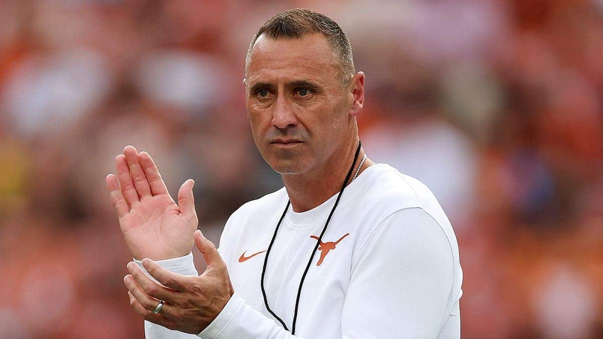 Steve Sarkisian reacts before a game at Darrell K Royal-Texas Memorial Stadium.