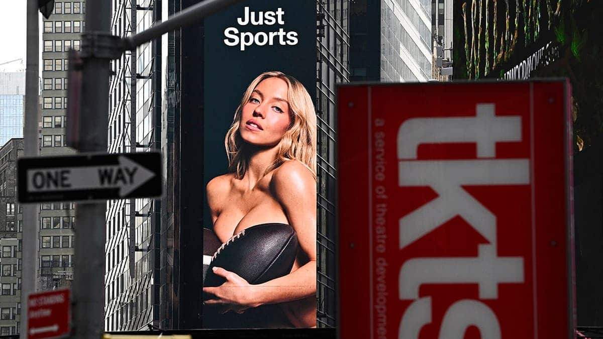 Sydney Sweeney poses nude on a Novig billboard in Times Square, New York.