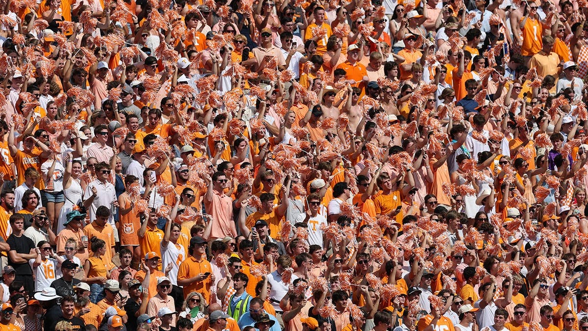 Tennessee Volunteers fans stand in the stands at Neyland Stadium during a game.