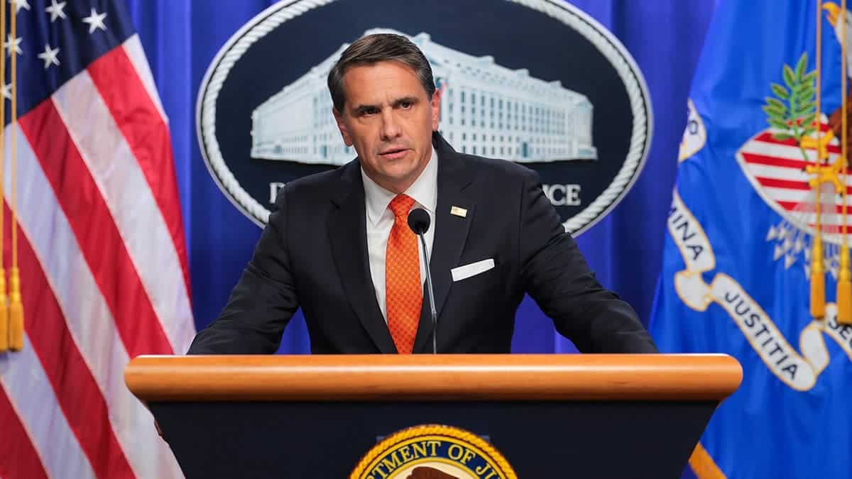 Todd Blanche speaks during a news conference at the Robert F. Kennedy Department of Justice building.
