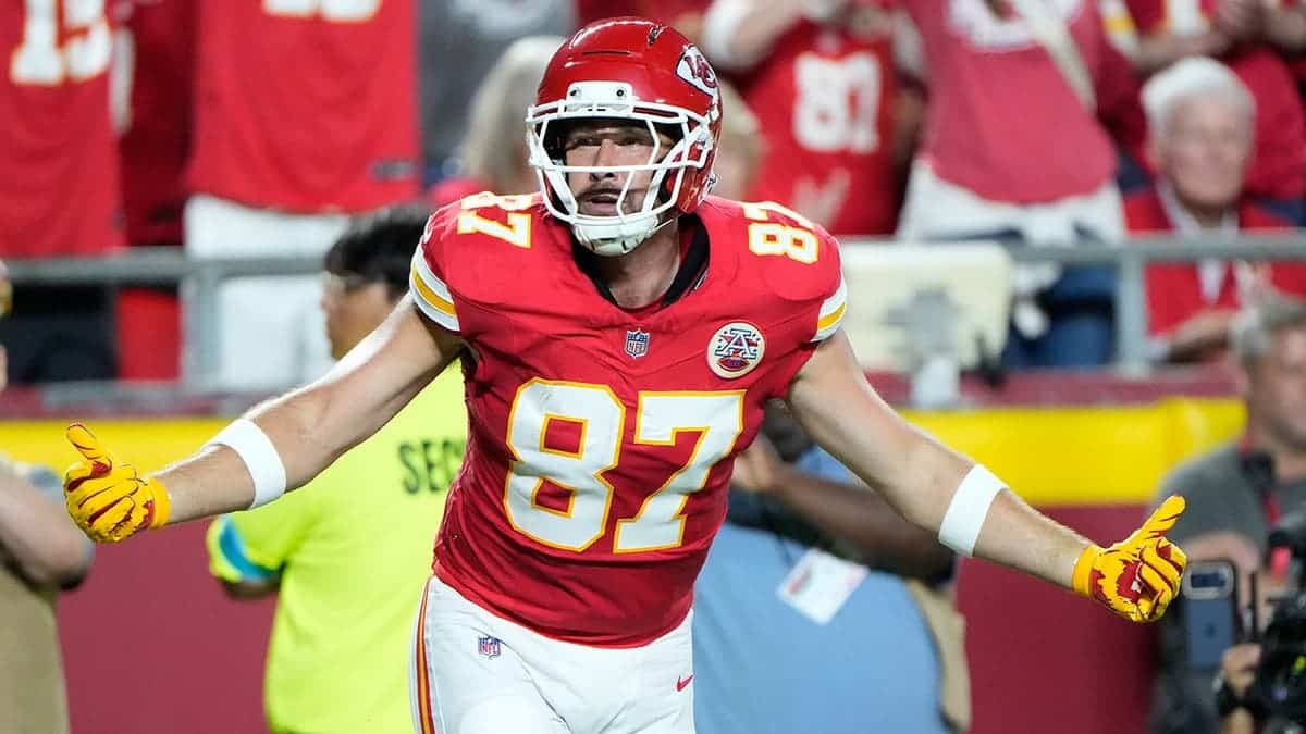 Travis Kelce celebrates after scoring during an NFL game against the Indianapolis Colts in Kansas City.