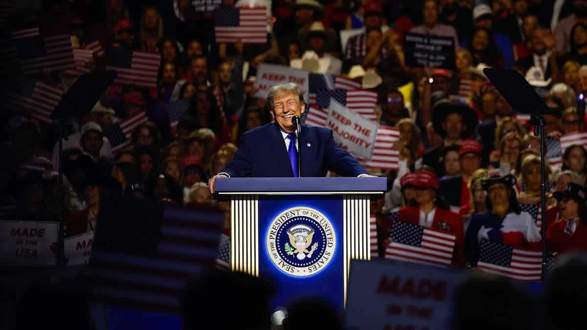 Donald Trump speaks on stage at the Republican National Convention in Dallas.
