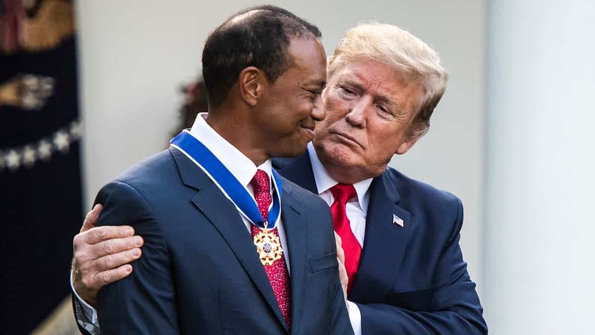 President Trump presents the Presidential Medal of Freedom to Tiger Woods in the Rose Garden.