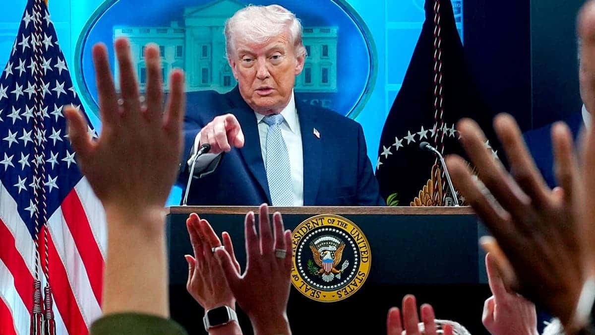 Trump speaks in White House briefing room during press conference.