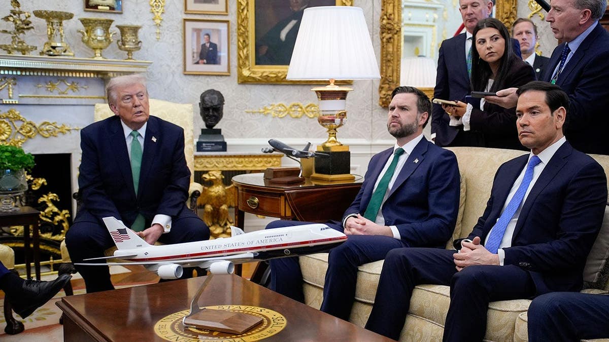 Donald Trump, JD Vance and Marco Rubio sit in the Oval Office during a meeting with Ireland's prime minister.