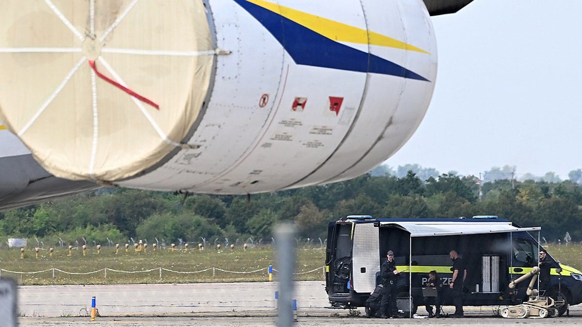 Explosive-disposal robot near Ukrainian aircraft