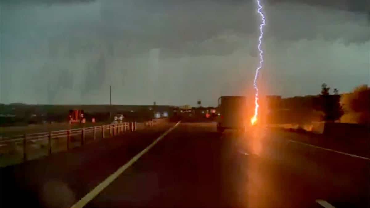 Lighting strike on a road