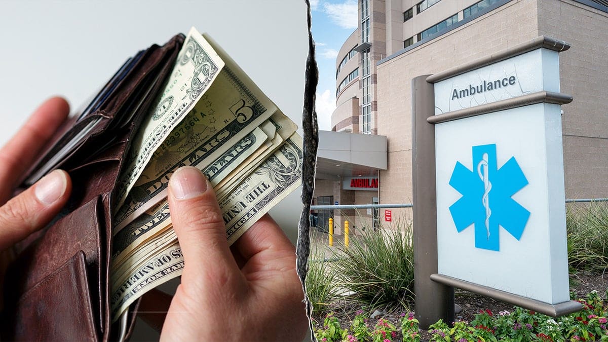 A split image of a person holding their wallet open, and a hospital entrance