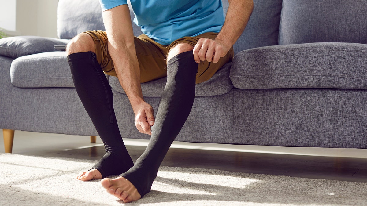 Compression socks help with blood flow when you sit for a long time.