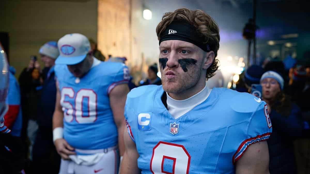 Tennessee Titans quarterback Will Levis standing on the field at Nissan Stadium