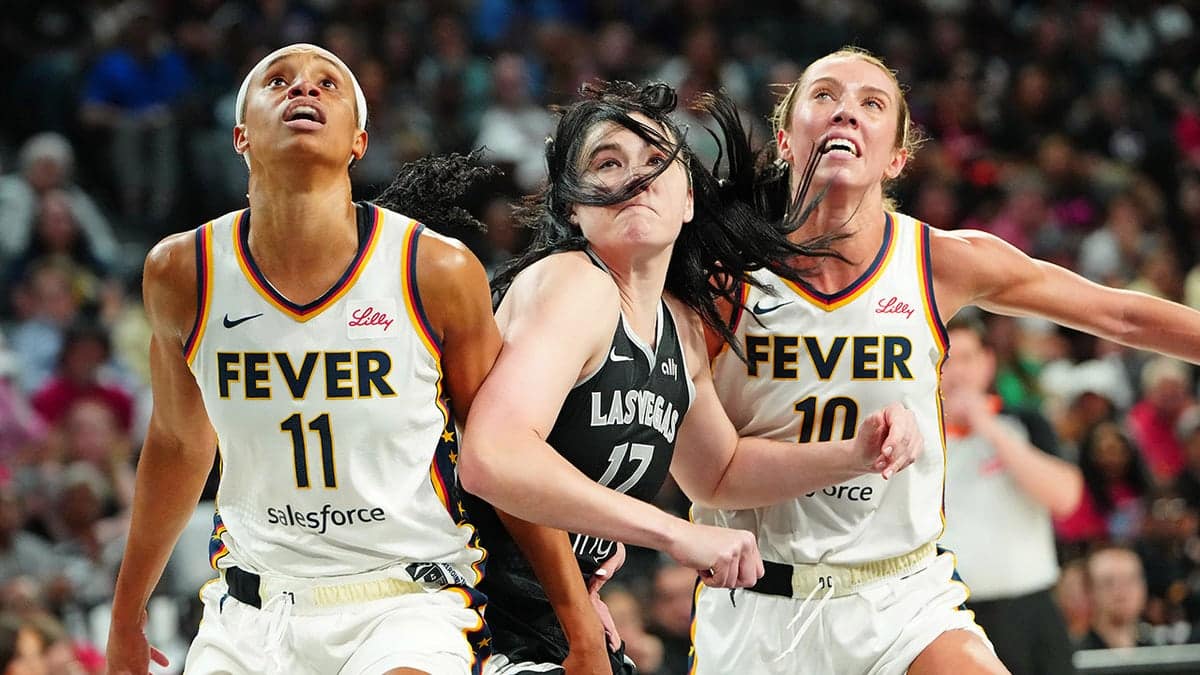 Lexie Hull vies for position during the third quarter of game five of the second round for the 2025 WNBA Playoffs at Michelob Ultra Arena on Sept. 30, 2025.