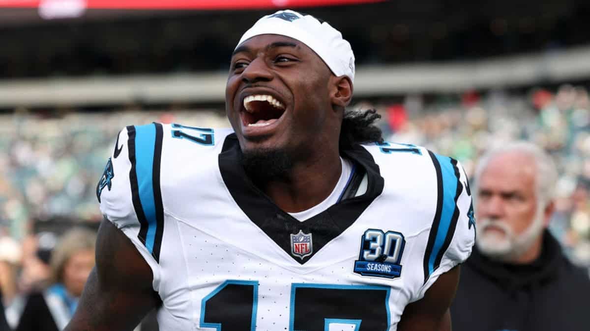 Xavier Legette of the Carolina Panthers reacting on the field at Lincoln Financial Field.