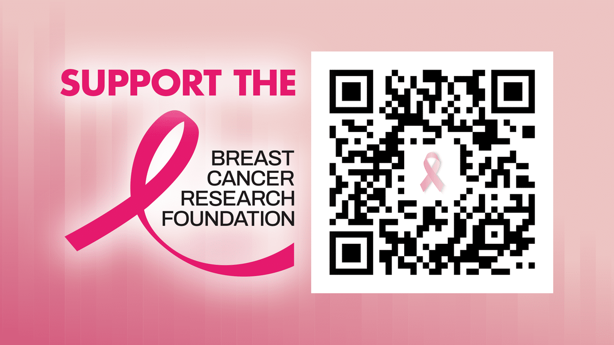 QR code directs viewers to donate to the Breast Cancer Research Foundation.