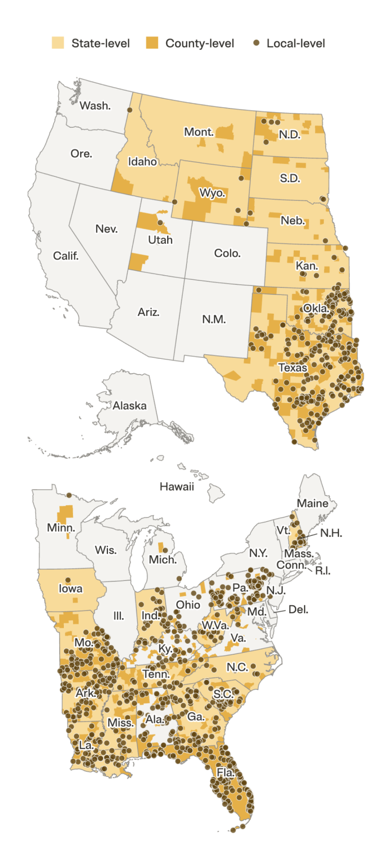 A map of the United States depicts locations where public agencies have 287(g) agreements under the task force model. State-level agreements are represented by a light yellow fill color on the entire state. County-level agreements are represented by a darker-yellow fill color on the entire county. Local-level agreements are represented as dots in the geographic center of the jurisdiction. The map shows a dense array of local-level agreements in Texas, Florida and across much of the South and Midwest. State-level agreements exist in the South, Midwest and parts of the Mountain West. The West Coast and Northeast have very few agreements. Alaska and Hawaii do not have any agreements.