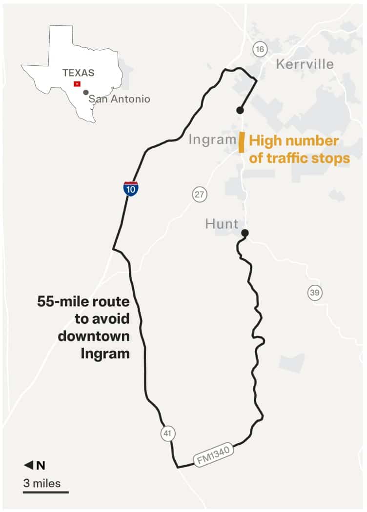 A map shows the region to the northwest of Kerrville, Texas. A thick line indicates a driving route that loops north and west of Ingram along Interstate 10, State Highway 41 and FM1340.