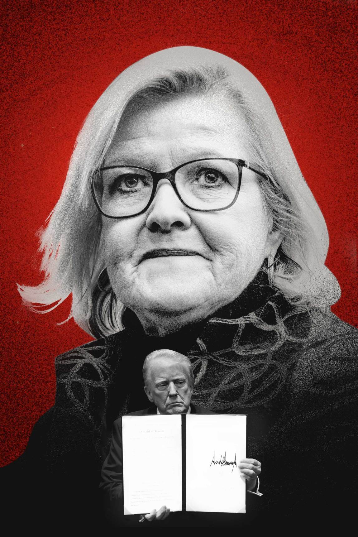 A photo collage featuring a large black-and-white portrait of Cleta Mitchell with a smaller image of President Donald Trump holding up an open binder displaying a signed document superimposed at the bottom.