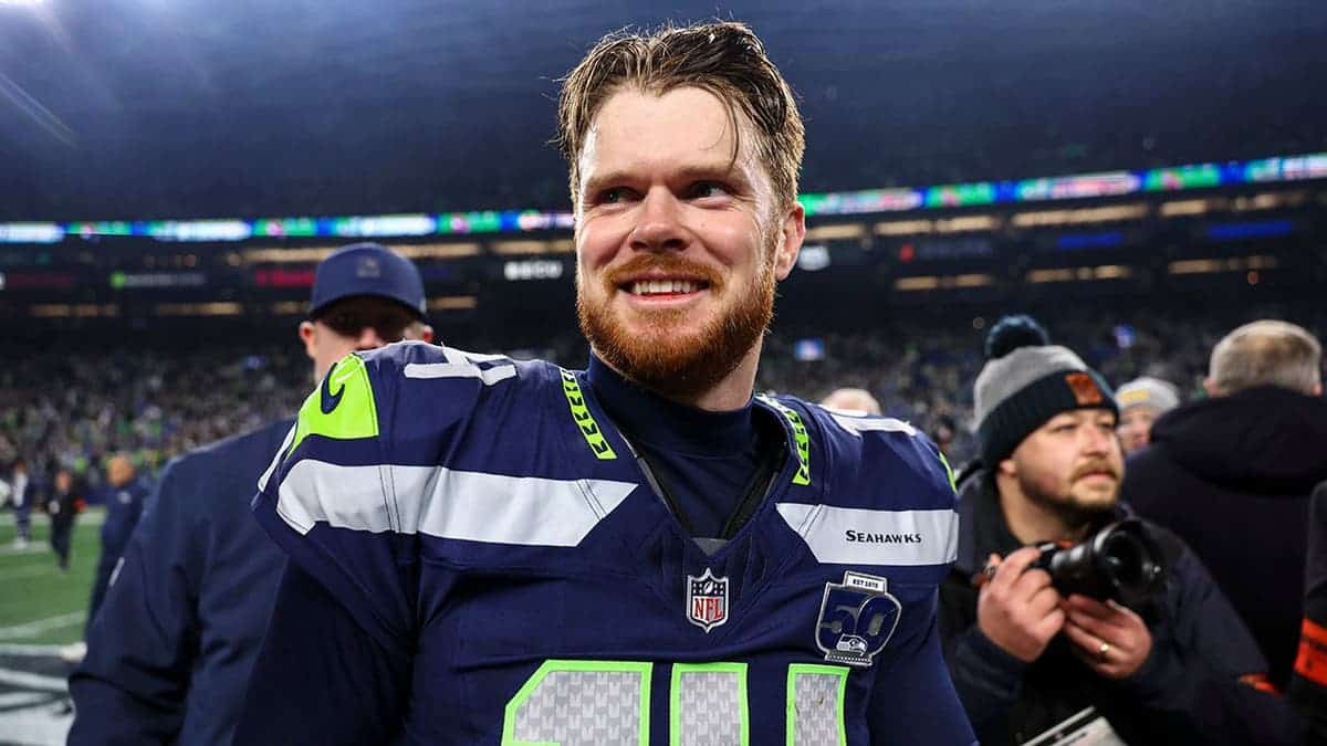 Sam Darnold of the Seattle Seahawks walks on the field after the NFC Championship NFL football game against the Los Angeles Rams, Sunday, Jan. 25, 2026, in Seattle. The Seattle Seahawks won 31-27 against the Los Angeles Rams.