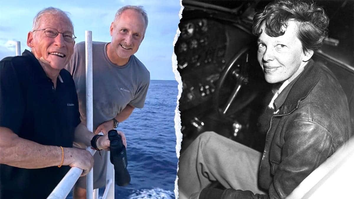 View of crew members at sea, Earhart smiling in photo