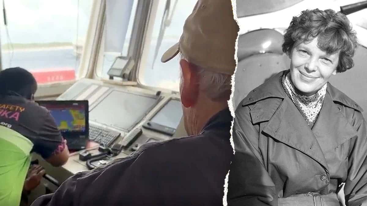 Split image of team viewing bad weather, Earhart smiling