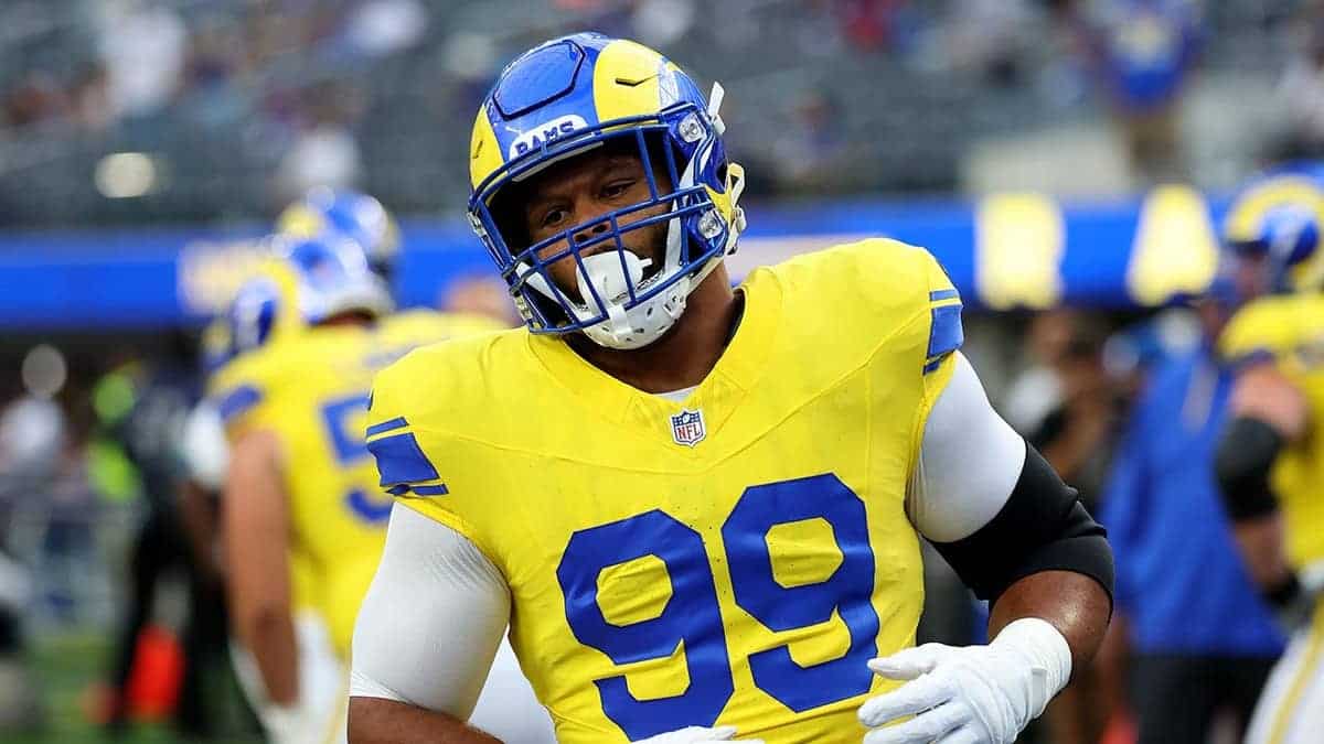 Aaron Donald warming up at SoFi Stadium before a game