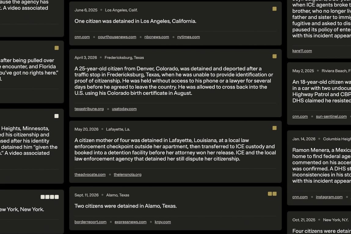 A grid of digital cards displaying text describing incidents where U.S. citizens were detained or questioned by immigration agents. Visible examples include a 25-year-old citizen detained and deported after a traffic stop and a mother of four detained outside her apartment and handed over to ICE.