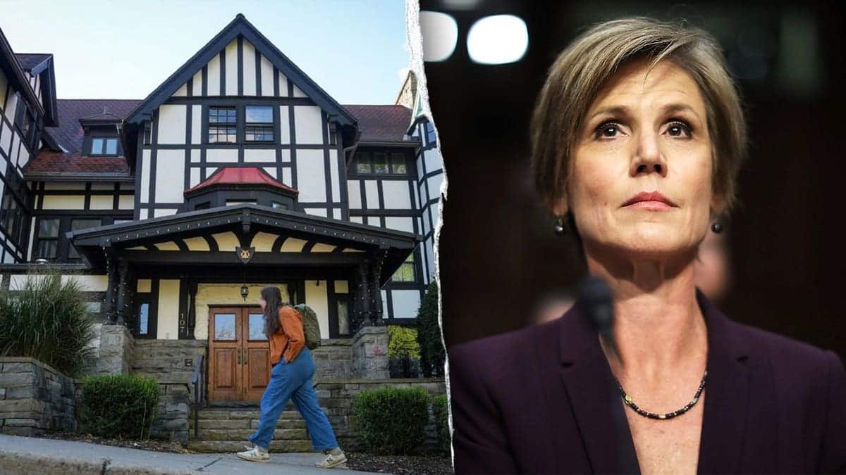 Split image of Cornell University's Tudor-style Chi Phi fraternity house on the left and former Deputy Attorney General Sally Yates wearing a purple blazer on the right.