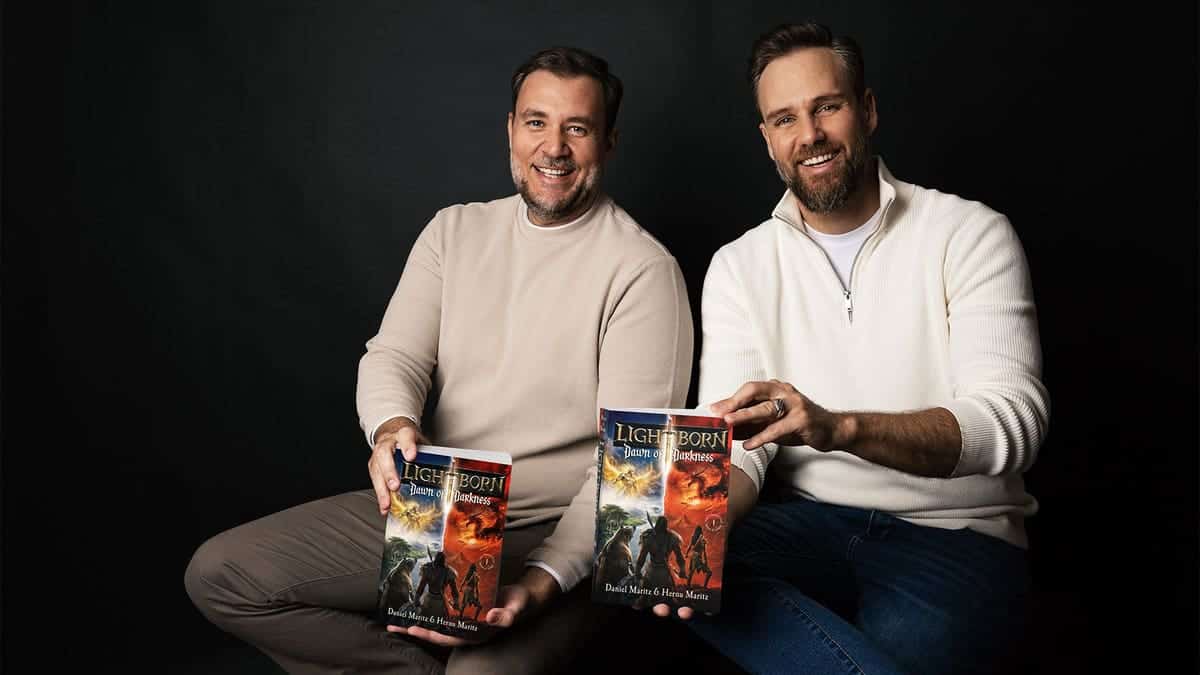 Authors Daniel and Hernu Maritz pose with their bliblical fantasy novel