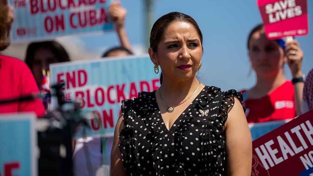 Delia Ramirez attends a press conference on Cuba