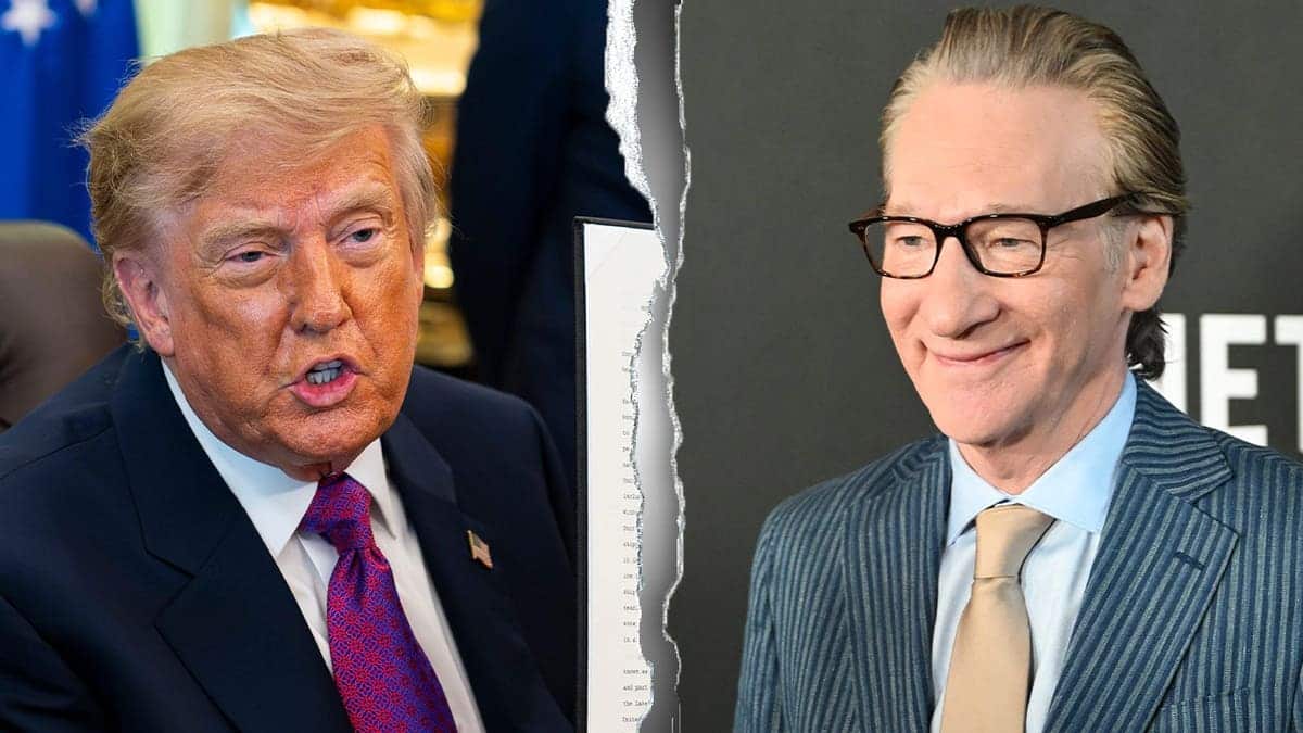 A split image of President Donald Trump and comedian Bill Maher.