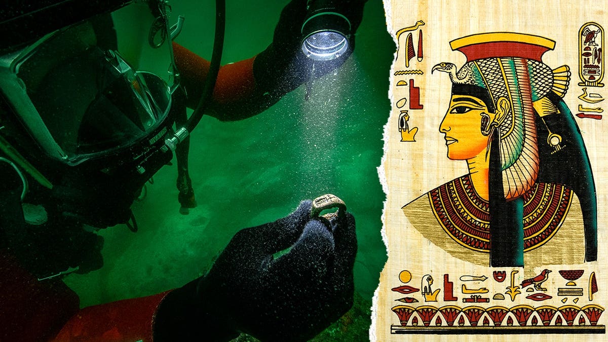 Split image of diver finding ring, Egyptian-style picture of Cleopatra