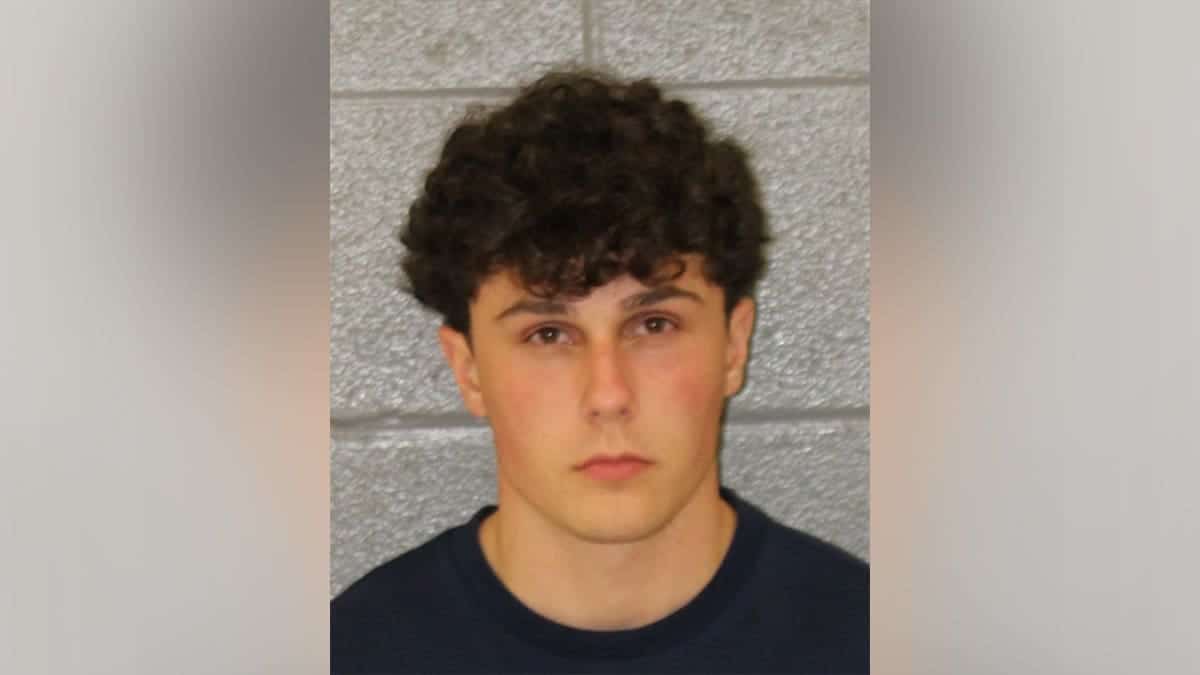 Booking photo provided in connection with the arrest of Alexander Michael Evanoff, showing a young man with short, dark curly hair wearing a dark shirt against a gray cinder block wall.