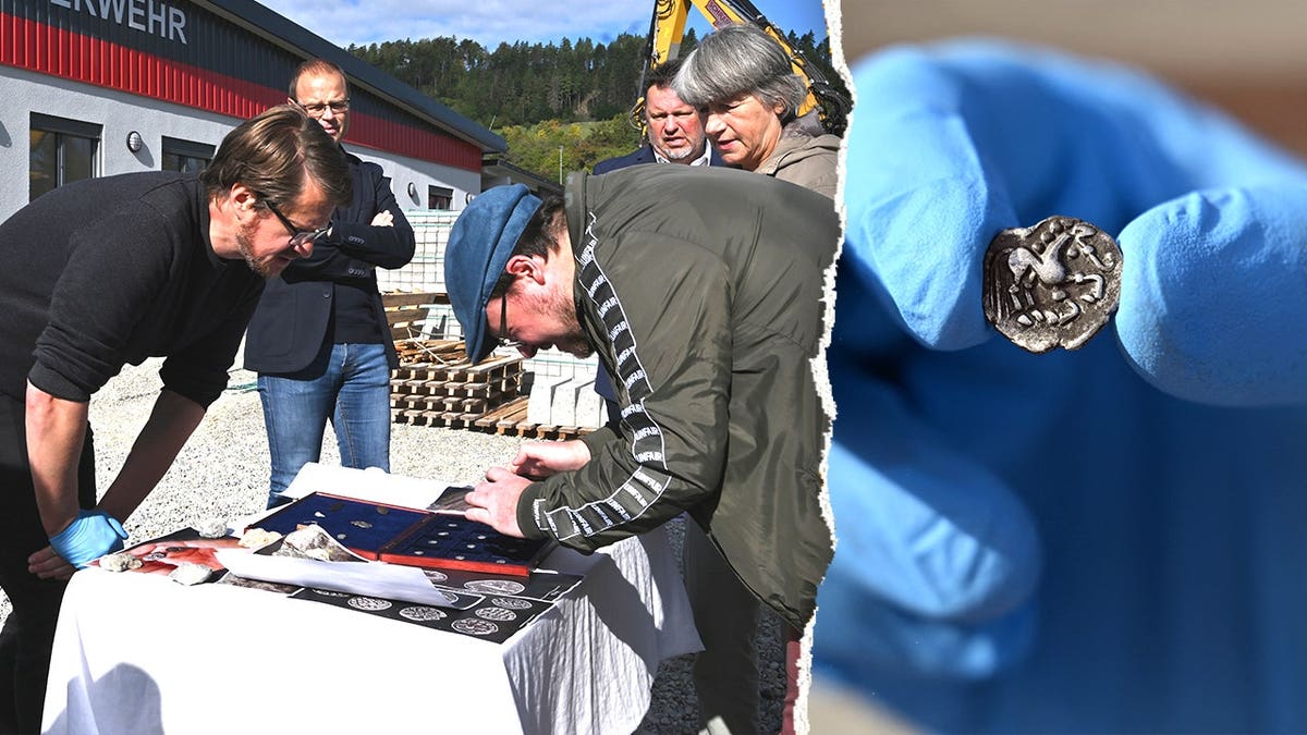 Split image of experts analyzing ancient coins