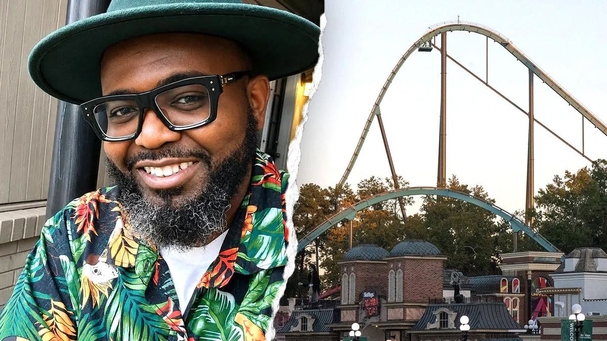 A composite image of Hassan Jihad Ibn Kariem smiling split with a photo of the Goliath roller coaster