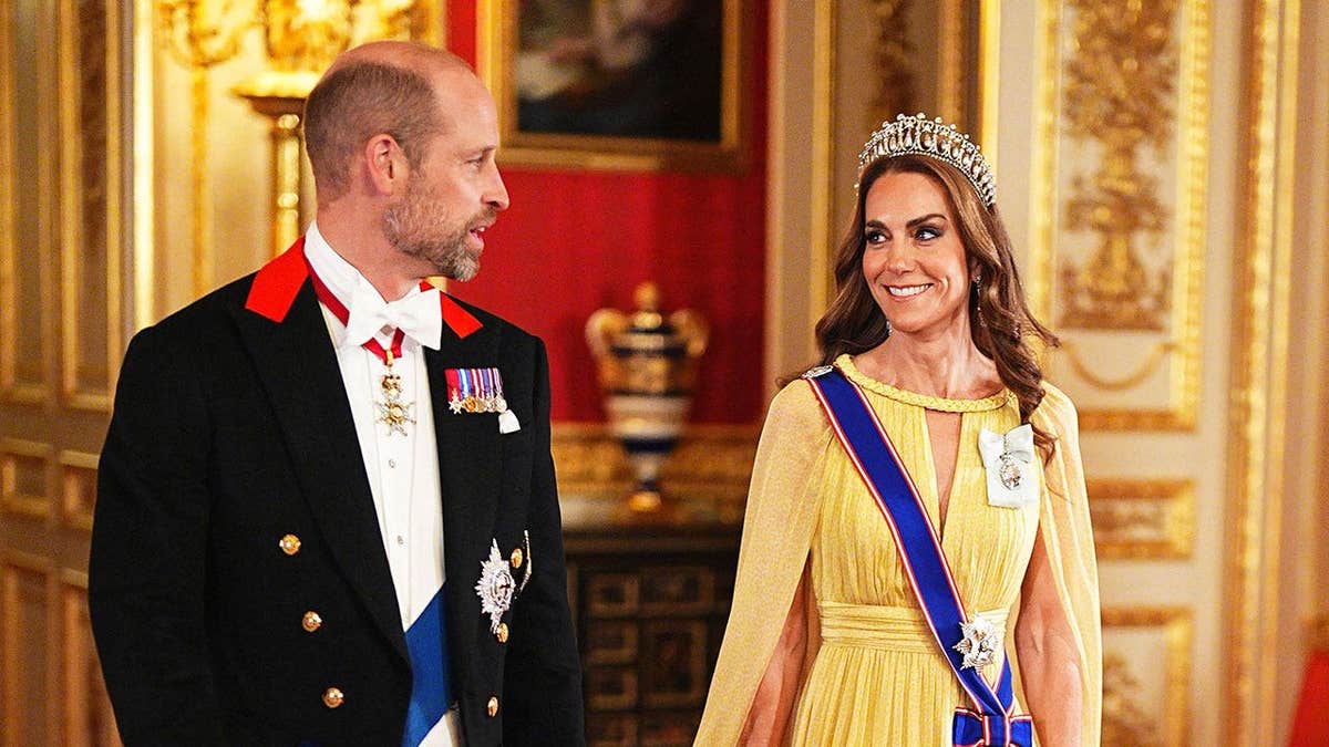 Prince William and Kate Middleton in formal wear for a state dinner.