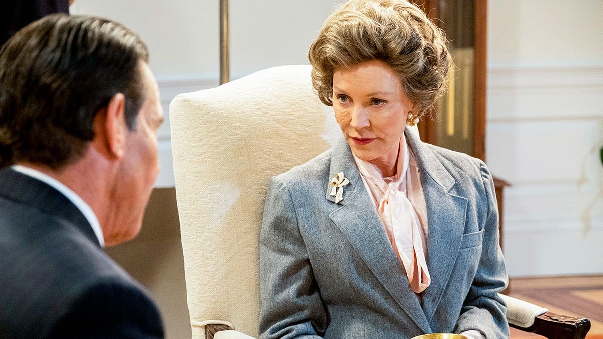 Lesley-Anne Down in costume as Margaret Thatcher.